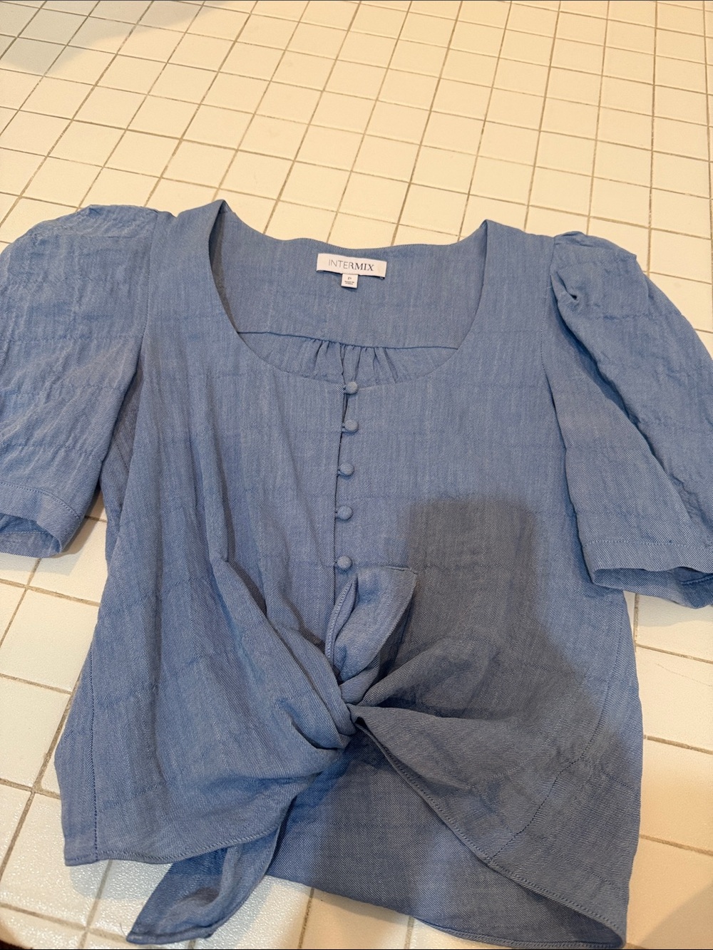 INTERMIX Light Blue Puff-Sleeve Tie-Front Linen Top